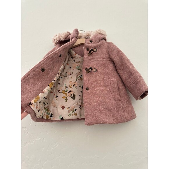 Zara Dusty Pink Lined Coat Jacket Hooded Faux Fur Baby Toddler Girl 12-18m - Picture 5 of 6